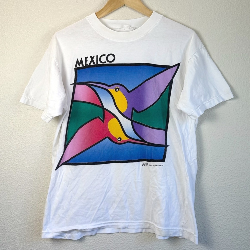 Y2K Mexico T-Shirt Mens L White Good Vintage Peter Mussfeldt Hummingbird Art